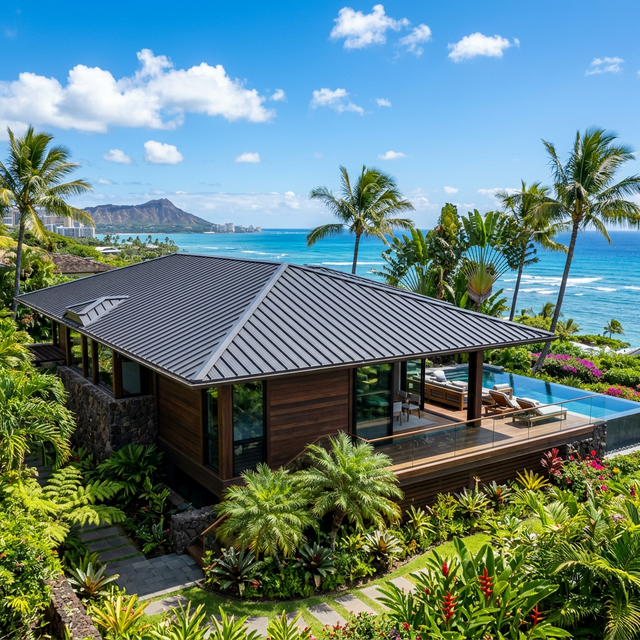 Pristine corrugated metal roof on a modern house in Honolulu, Hawaii under a sunny sky